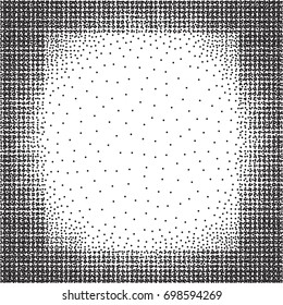 Abstract dotted monochromatic background. Halftone distressed pattern. Grunge texture of small round points and particles. Messy dark overlay. Aged stippled surface. Vector illustration.
