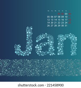 Abstract Dotted Monthly Calendar Design Elements Template, Clip-art with Label Made of Bubbles in Seasonal Colors - January, 2015