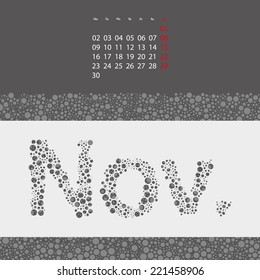 Abstract Dotted Monthly Calendar Design Elements Template, Clip-art with Label Made of Bubbles in Seasonal Colors - November, 2015