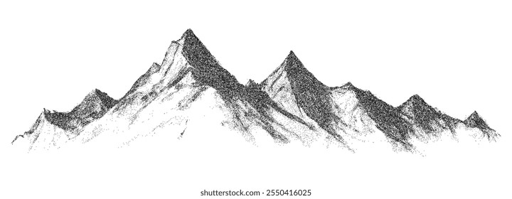 Abstract dotted mountain range in overlayed pointillist grunge texture style. Vintage photocopy of snowy range of hills, mounted landscape with grainy noise. Retro halftone vector illustration.