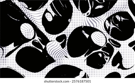 Abstract Dotted Network, Black and white organic shapes interact with a warped blue dot pattern, creating a dynamic and intriguing visual texture,