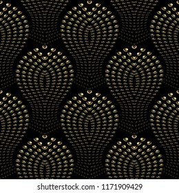 Abstract dotted ornamental vector seamless pattern. Black patterned background with gold circles, dots, geometric shapes. Vintage ornate design. Decorative surface texture. Modern creative ornaments.