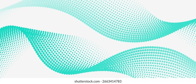 Abstract dotted particle wave pattern flowing on a white background. Trendy gradient halftone waves with modern futuristic graphics.