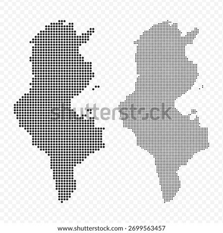 Abstract dotted pixel map of Tunisia in black and halftone gradient, isolated on transparent background