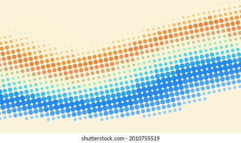 Abstract dotted retro background with blue and orange halftone wave. Vintage vector graphic pattern