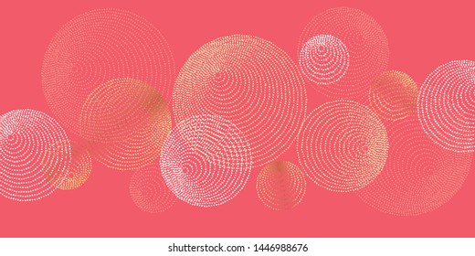 Abstract dotted round lines boho vibes pattern. Vector illustration element for header, decor, card, invitation. Disk and ring tribal graphic shapes in gold and coral color.
