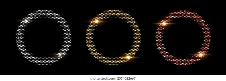 Abstract dotted round patterns. Golden, silver and bronze frames with halftone effect. Shining circle backgrounds with light glow elements. Modern graphic vector illustration set isolated on black.