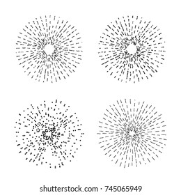 Abstract dotted round shape. Black dots on white background. Black and white sunburst. Vector illustration.