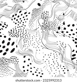 Abstract dotted seamless pattern with chaotic flowing swirl lines and blots in geometric style. Dots and blots artistic stylish polka dot ornamental endless background