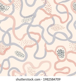 Abstract dotted seamless pattern with swirl lines. Ornamental drawn texture. Abstract backdrop with chaotic flowing wriggling lines and dots.