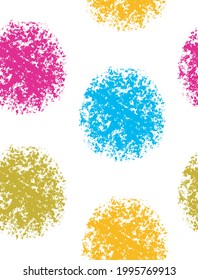 Abstract Dotted Seamless Vector Pattern. Pink, Green, Yellow and Blue Irregular Chalk Dots on a White Background. Abstract Geometric Print. Simple Repeatbale Design with Big Irregular Bush Spots.