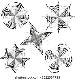 Formas pontilhadas abstratas. Estrelas de meio-tom geométricas. Padrões radiais dinâmicos. Formas circular e starburst.