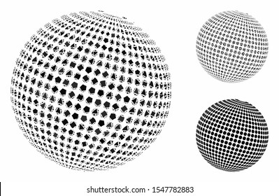 Abstract dotted sphere composition of bumpy elements in variable sizes and color hues, based on abstract dotted sphere icon. Vector ragged elements are grouped into collage.