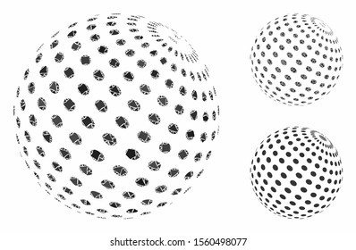 Abstract dotted sphere composition of bumpy parts in various sizes and color hues, based on abstract dotted sphere icon. Vector unequal parts are united into composition.
