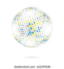 Abstract dotted sphere. Halftone effect vector background. Mosaic effect