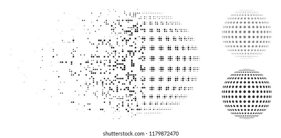 Abstract dotted sphere icon in dissolved, pixelated halftone and undamaged versions. Pieces are combined into vector dissolving abstract dotted sphere icon.