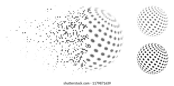 Abstract dotted sphere icon in fragmented, pixelated halftone and source variants. Fragments are organized into vector disappearing abstract dotted sphere icon.