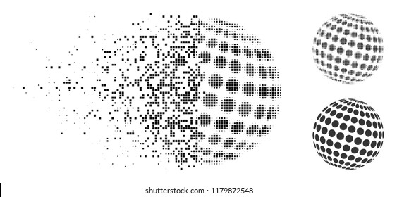 Abstract dotted sphere icon in fragmented, dotted halftone and source versions. Particles are arranged into vector dissolving abstract dotted sphere icon.