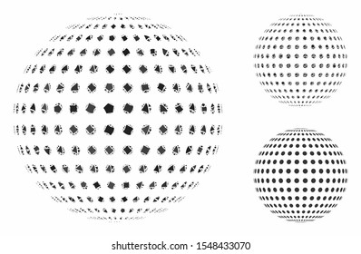 Abstract dotted sphere mosaic of inequal items in different sizes and color tinges, based on abstract dotted sphere icon. Vector inequal dots are united into mosaic.