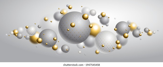 Abstract dotted spheres vector background, composition of flying balls decorated with dots, 3D mixed realistic globes, realistic depth of field effect.