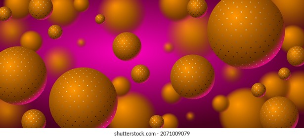 Abstract dotted spheres vector background, composition of flying balls decorated with dots, 3D mixed realistic globes, realistic depth of field effect.