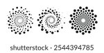 Abstract dotted spiral geometric shapes collection. Black and white halftone optical illusion, aesthetic op art design element. Flat vector art