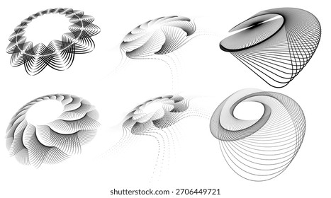 Abstractas espirales punteadas y Formas de línea fluidas que forman efectos de movimiento dinámico. Ideal para imágenes de ciencia ficción, cubiertas de música, temas energéticos, marca de tecnología y diseños decorativos modernos