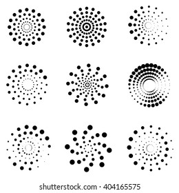 Abstract dotted spirals vector set. Dotted whirlpool spiral, dot spiral twirl, creativity spiral whirl motion illustration