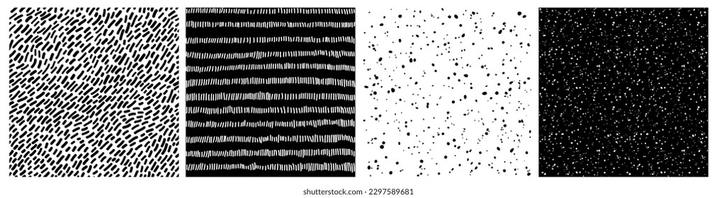 Abstract Dotted and Stripes Patterns Set. Seamless Grunge Speckle Texture. Monochrome Backgrounds with Dots and Stripes