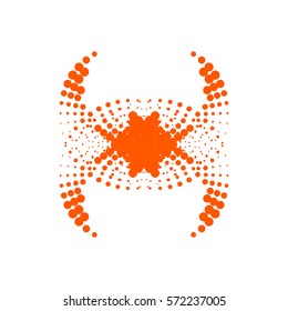 Abstract dotted symbol. Halftone effect surface. Orange dots on white background. Orange and white sunburst