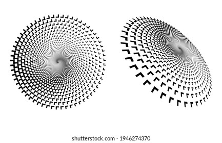Abstract dotted vector background with arrows. Halftone effect. Spiral dotted background or icon.