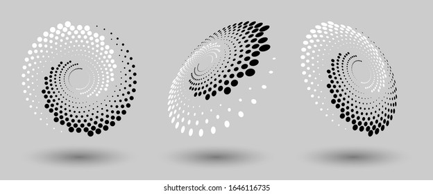 Abstract dotted vector background. Halftone effect. Spiral dotted background or icon. Yin and yang style. Vector EPS10 illustration. Set of vectors with differents perspective.