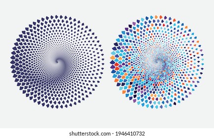 Abstract dotted vector background. Halftone effect. Spiral dotted background or icon designs. Mosaic colors backdrops with arrows.