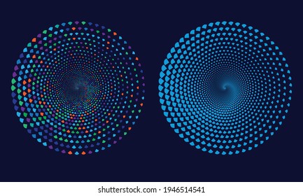 Abstract dotted vector background. Halftone effect. Spiral dotted background or icon designs. Mosaic colors backdrops with arrows.