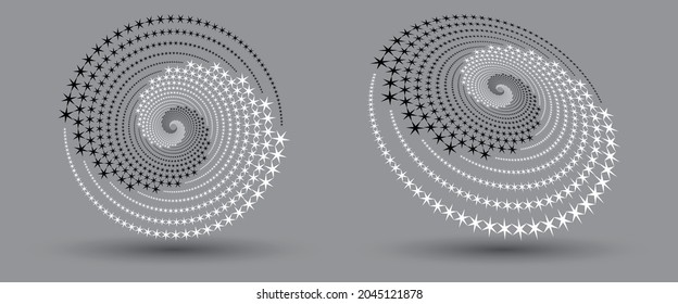 Resumen de fondo vectorial con puntos. Efecto de semitono con estrellas. Fondo o icono punteado en espiral. Estilo Yin y yang. Seis estrellas de esquina como copos de nieve en círculo.