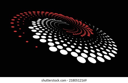 Abstract dotted vector background. Halftone effect with red and white dots. Spiral dotted background or icon. Yin and yang style. Circle with perspective.