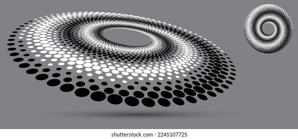 Abstract dotted vector background. Halftone effect with black and white dots. Spiral dotted background or icon. Yin and yang style. Circle with perspective.