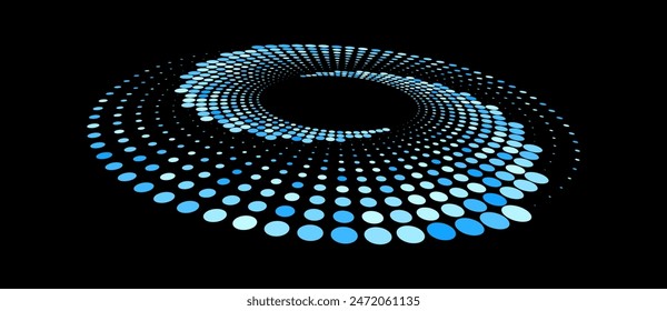 Abstract dotted vector background. Halftone effect. Circle dotted background or icon. Blue spiral with perspective.