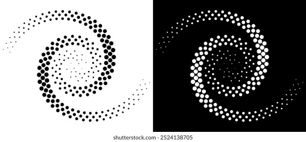 Abstract dotted vector background with halftone effect. Spiral dotted as icon or logo. Yin and yang style. Black shape on a white background and the same white shape on the black side.