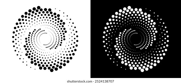 Abstract dotted vector background with halftone effect. Spiral dotted as icon or logo. Yin and yang style. Black shape on a white background and the same white shape on the black side.