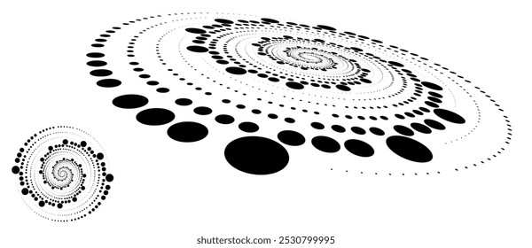 Abstract dotted vector background. Halftone effect. Spiral stipple background or icon. Circle with normal view and perspective.