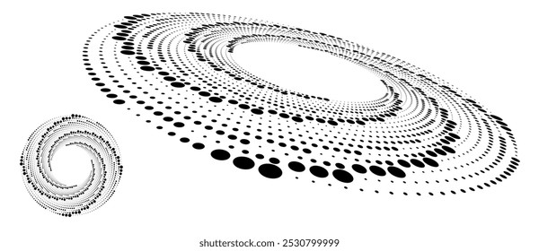 Vetor de fundo pontilhado abstrato. Efeito de meio-tom. Ícone ou plano de fundo em forma de ponta espiral. Círculo com visão e perspectiva normais.