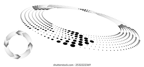 Abstract dotted vector background. Halftone effect. Spiral stipple background or icon. Circle with normal view and perspective.