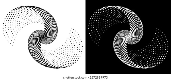 Abstract dotted vector background with halftone effect. Spiral dotted as icon or logo. Yin and yang style. Black shape on a white background and the same white shape on the black side.