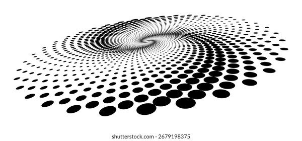 Vetor de fundo pontilhado abstrato. Efeito de meio-tom. Círculo com plano de fundo ou ícone pontilhado. Espiral com perspectiva.