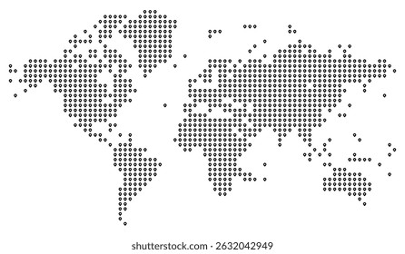 Abstract dotted vector world map in location basis. This dotted world map features a detailed outline of earth's continents. Great for presentations, minimalist design, or global infographic elements