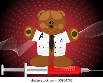 abstract dotted, wave background with doctor bear standing on injection