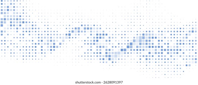 Abstract dotted wave by blue squares. Wide vector graphic pattern