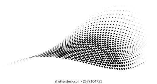 Onda pontilhada abstrata. Forma curva de meio-tom em cor preta isolada em fundo branco. Forma gradientes curvos e torcidos. Ilustração vetorial gráfica na moda.