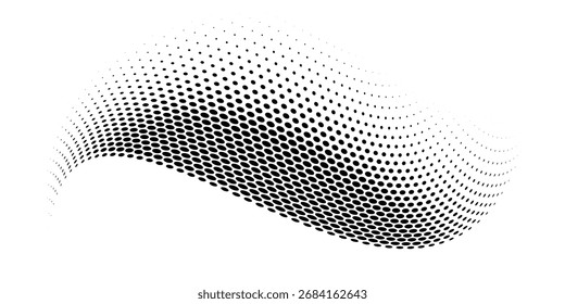 Abstractas onda punteada. Forma curva de semitono en color negro aislado sobre fondo blanco. Se forman Gradientes curvos y retorcidos. Ilustración vectorial gráfica de moda.